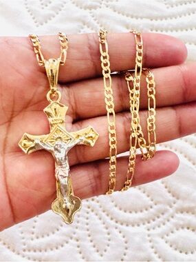 14K Gold Plated Three Tone Crucifix Pendant Necklace - Women Jewelry